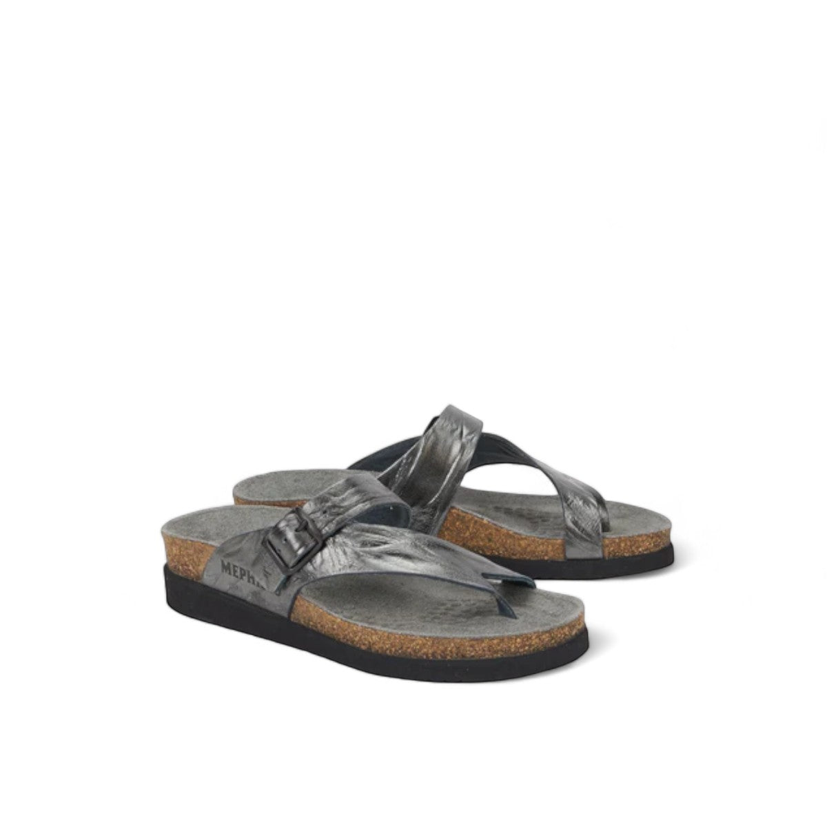 Mephisto Helen grey full-grain leather thong sandal with adjustable buckle and cork midsole