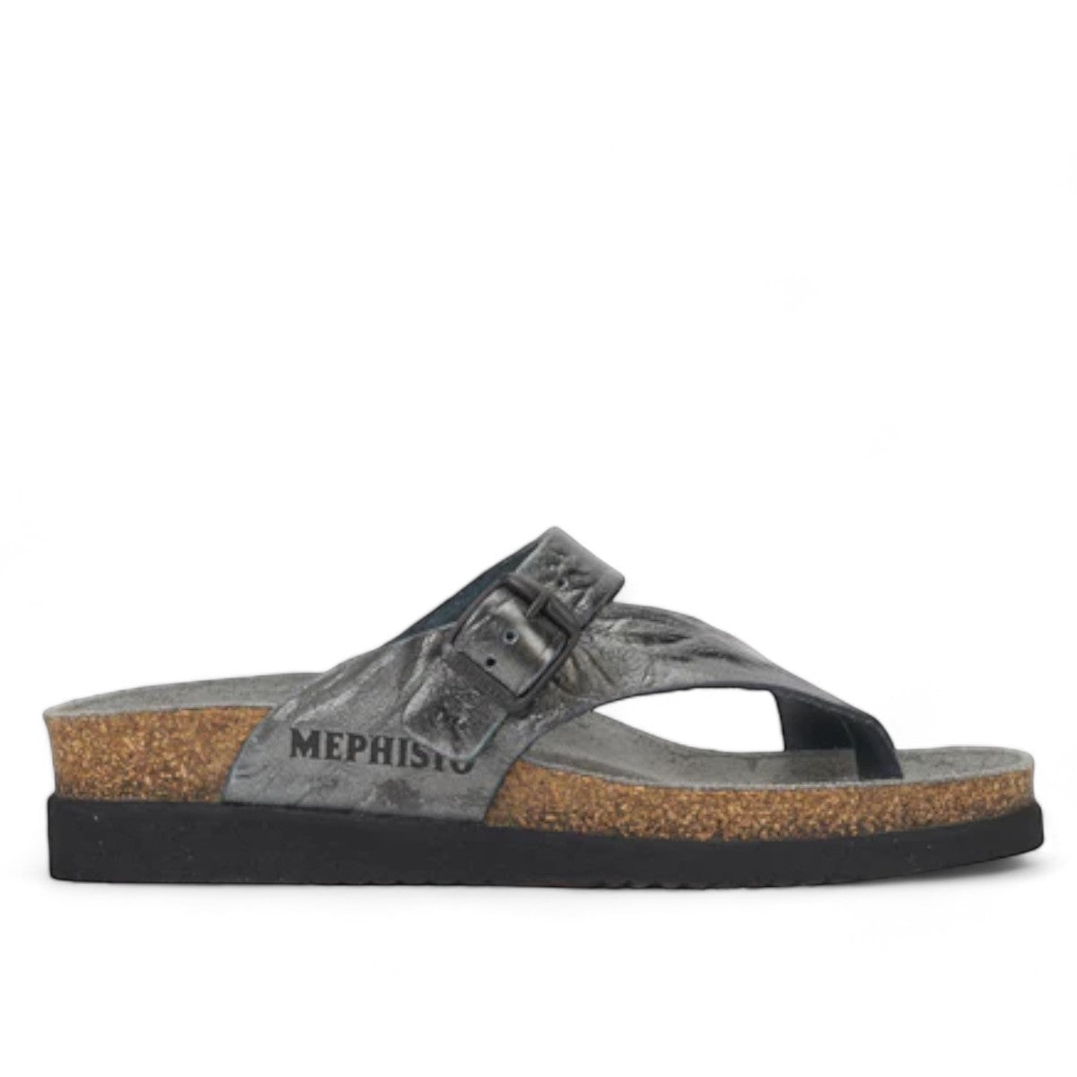 Mephisto Helen grey full-grain leather thong sandal with adjustable buckle and cork midsole