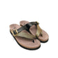 Mephisto Helen Mix gold and black leather toe post sandals with adjustable buckle and cork midsole