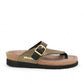 Mephisto Helen Mix gold and black leather toe post sandals with adjustable buckle and cork midsole