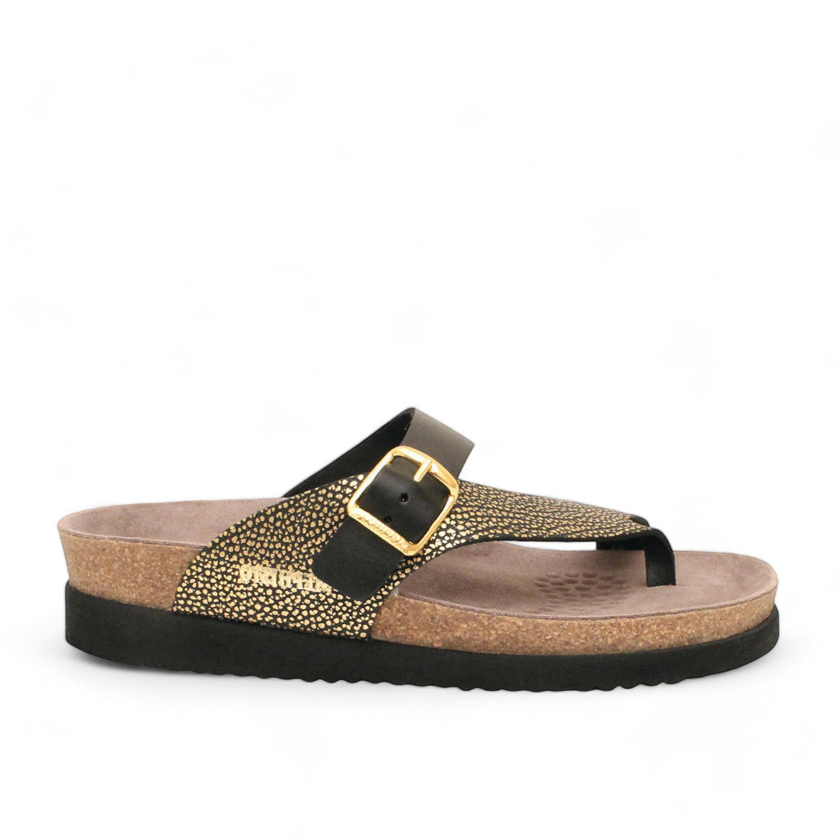 Mephisto Helen Mix gold and black leather toe post sandals with adjustable buckle and cork midsole