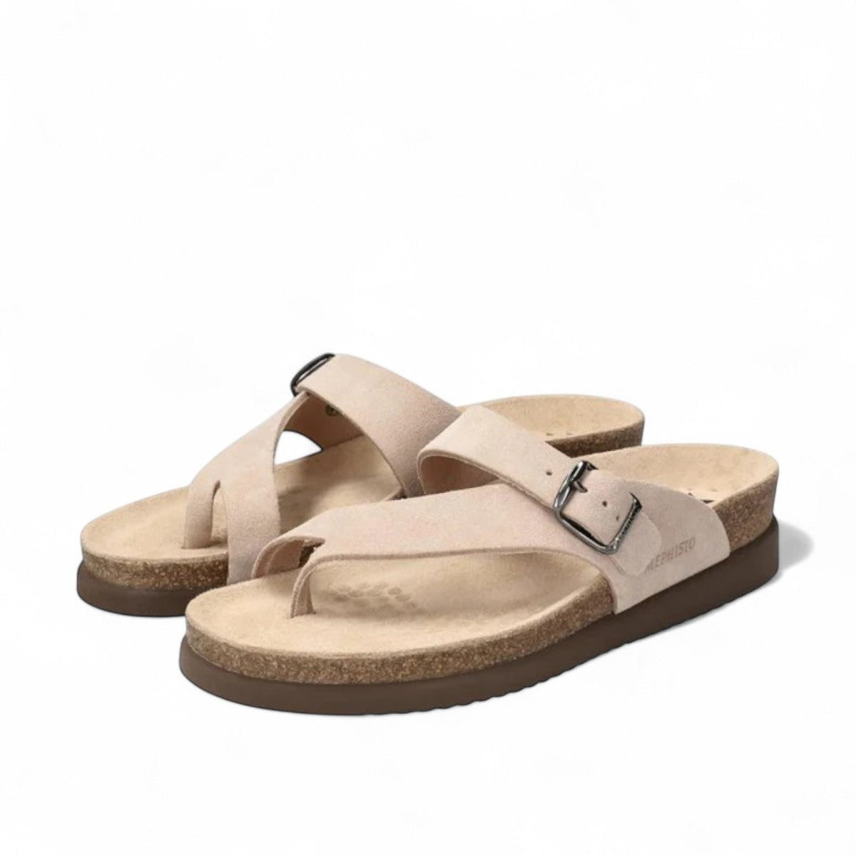 Mephisto Helen light sand leather toe-post sandal with adjustable buckle and cork midsole