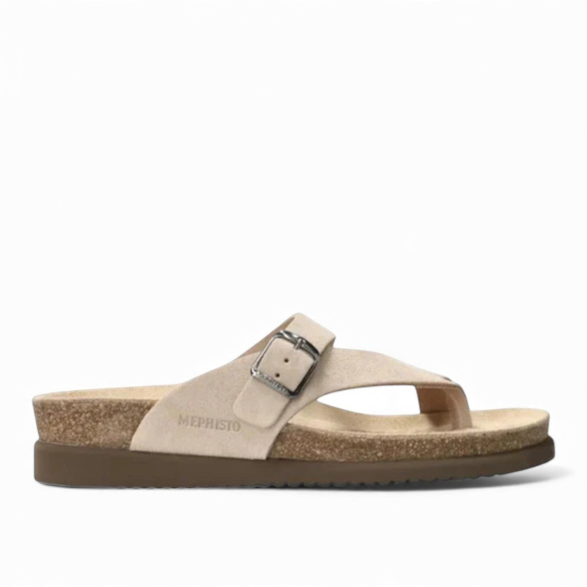 Mephisto Helen light sand leather toe-post sandal with adjustable buckle and cork midsole
