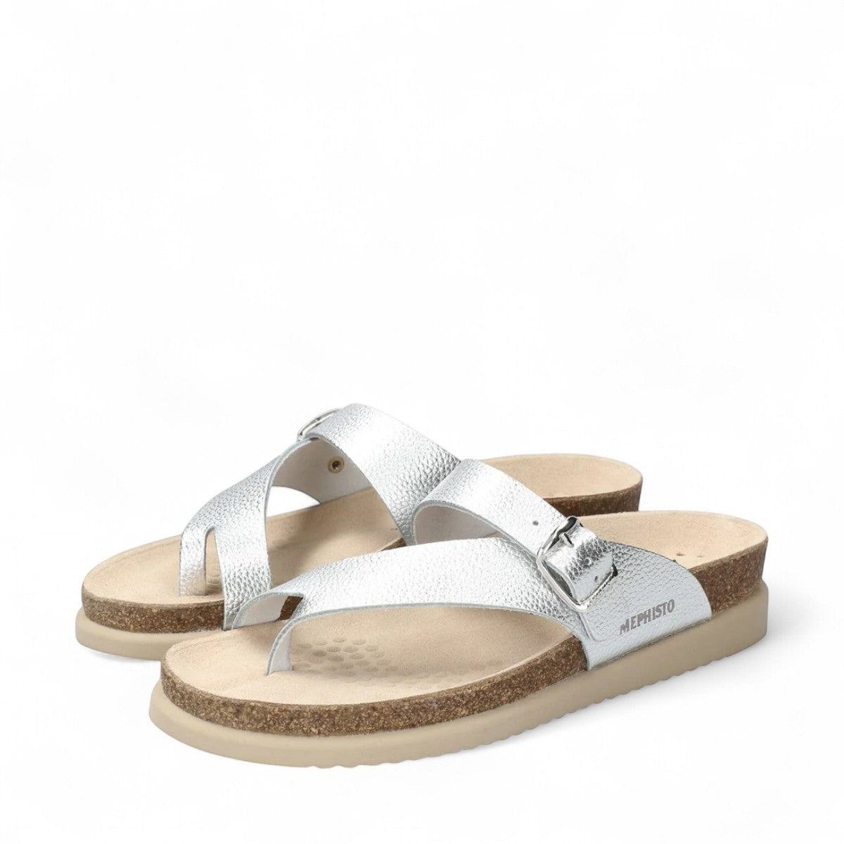 Mephisto Helen silver leather sandal showing the textured rubber outsole with reflex area stimulation