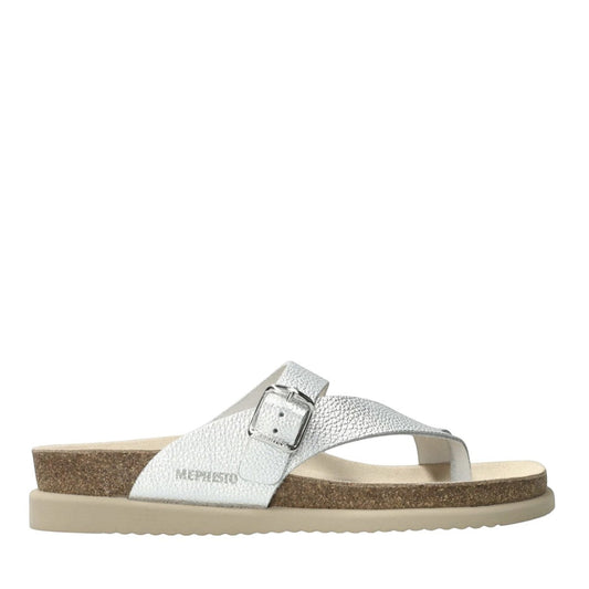 Mephisto Helen silver leather sandal showing the textured rubber outsole with reflex area stimulation