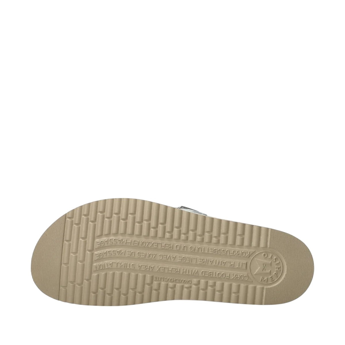 Mephisto Helen silver leather sandal showing the textured rubber outsole with reflex area stimulation