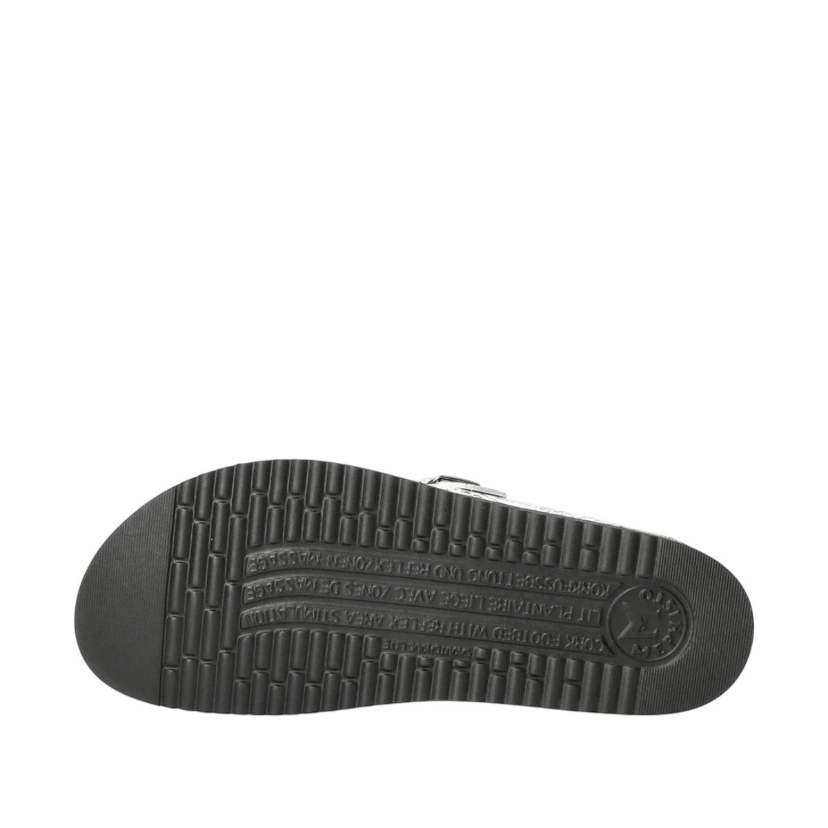 Mephisto Helen silver petra leather sandal showing the textured black rubber outsole with branding