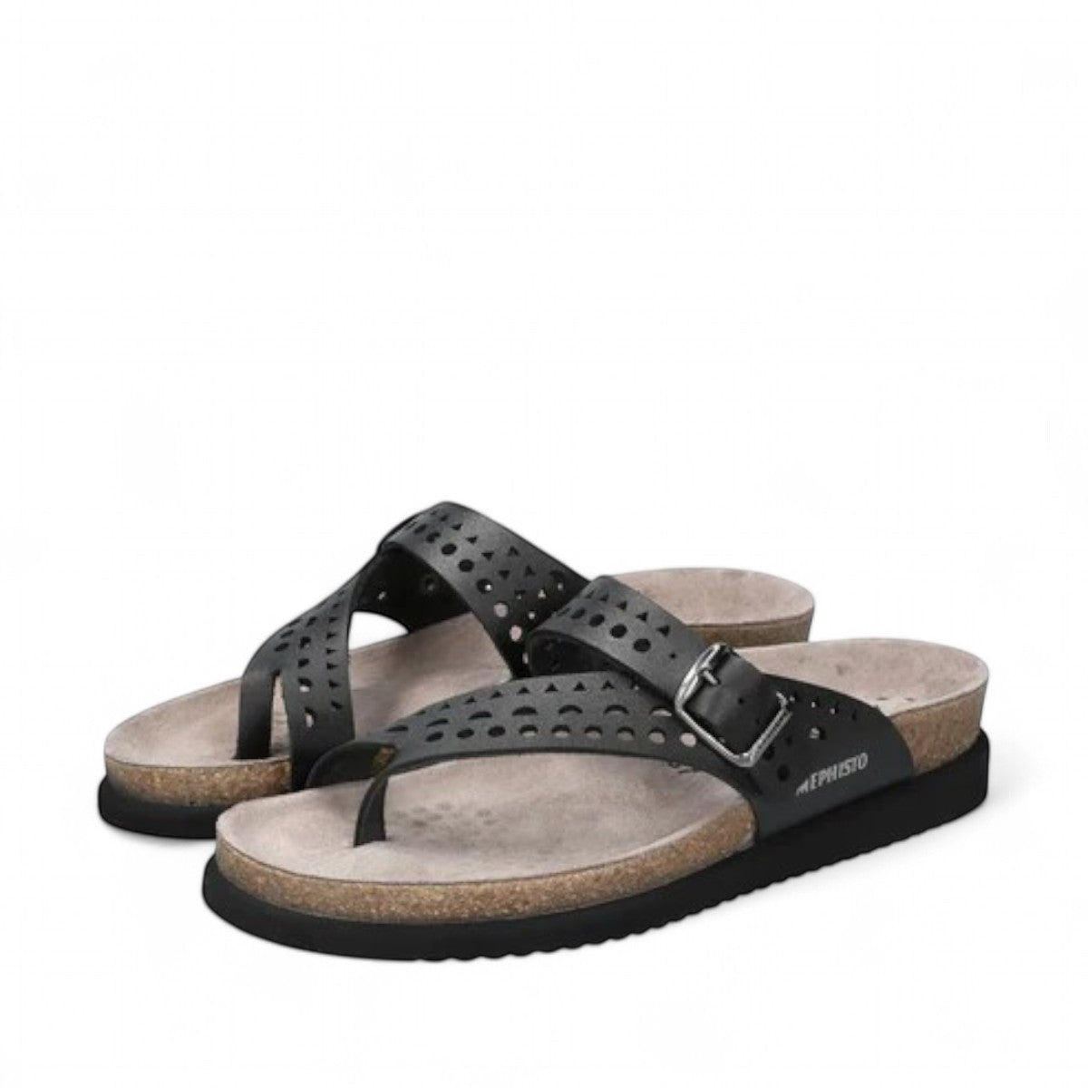 Mephisto Helena Perf black sandal showing the textured shock-absorbing EVA outsole with brand branding