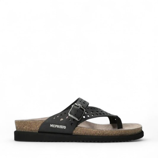 Mephisto Helena Perf black sandal showing the textured shock-absorbing EVA outsole with brand branding