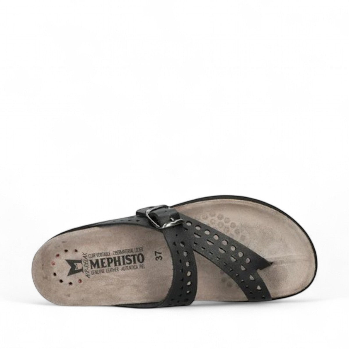 Mephisto Helena Perf black sandal showing the textured shock-absorbing EVA outsole with brand branding