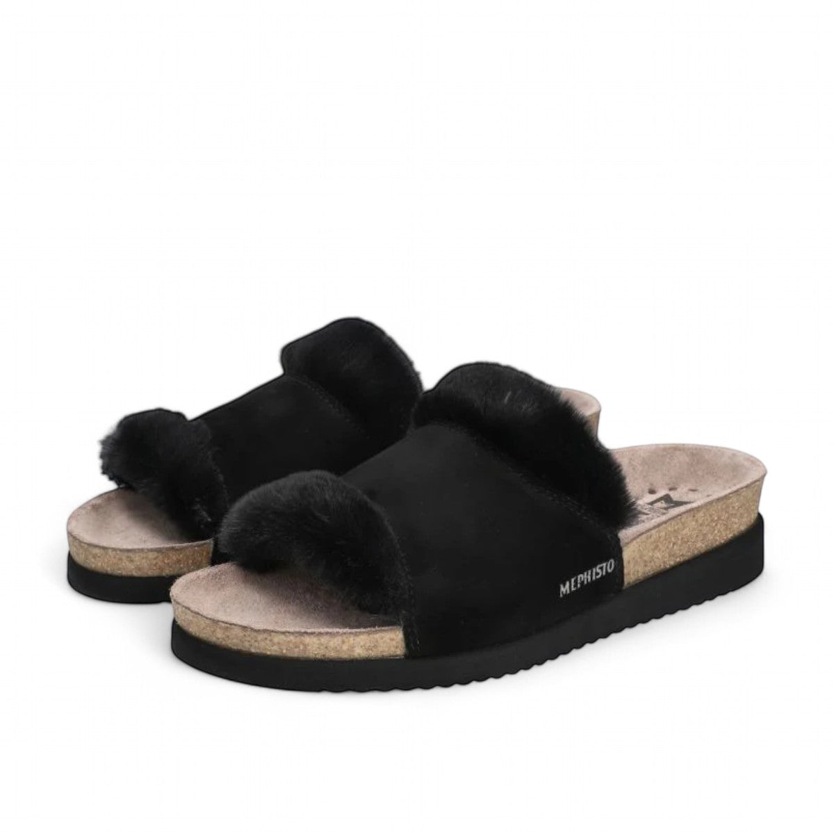 Mephisto Hemeline black sandal showing the textured rubber outsole with reflexology massage zones