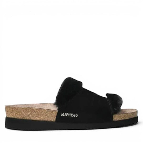Mephisto Hemeline black sandal showing the textured rubber outsole with reflexology massage zones