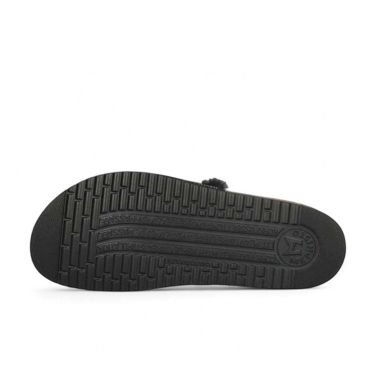 Mephisto Hemeline black sandal showing the textured rubber outsole with reflexology massage zones