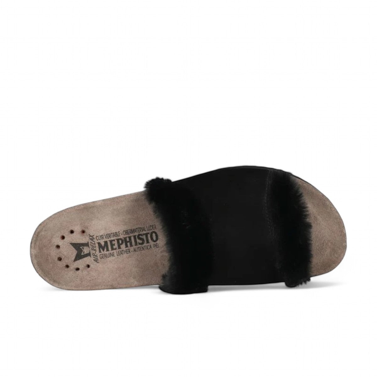 Mephisto Hemeline black sandal showing the textured rubber outsole with reflexology massage zones