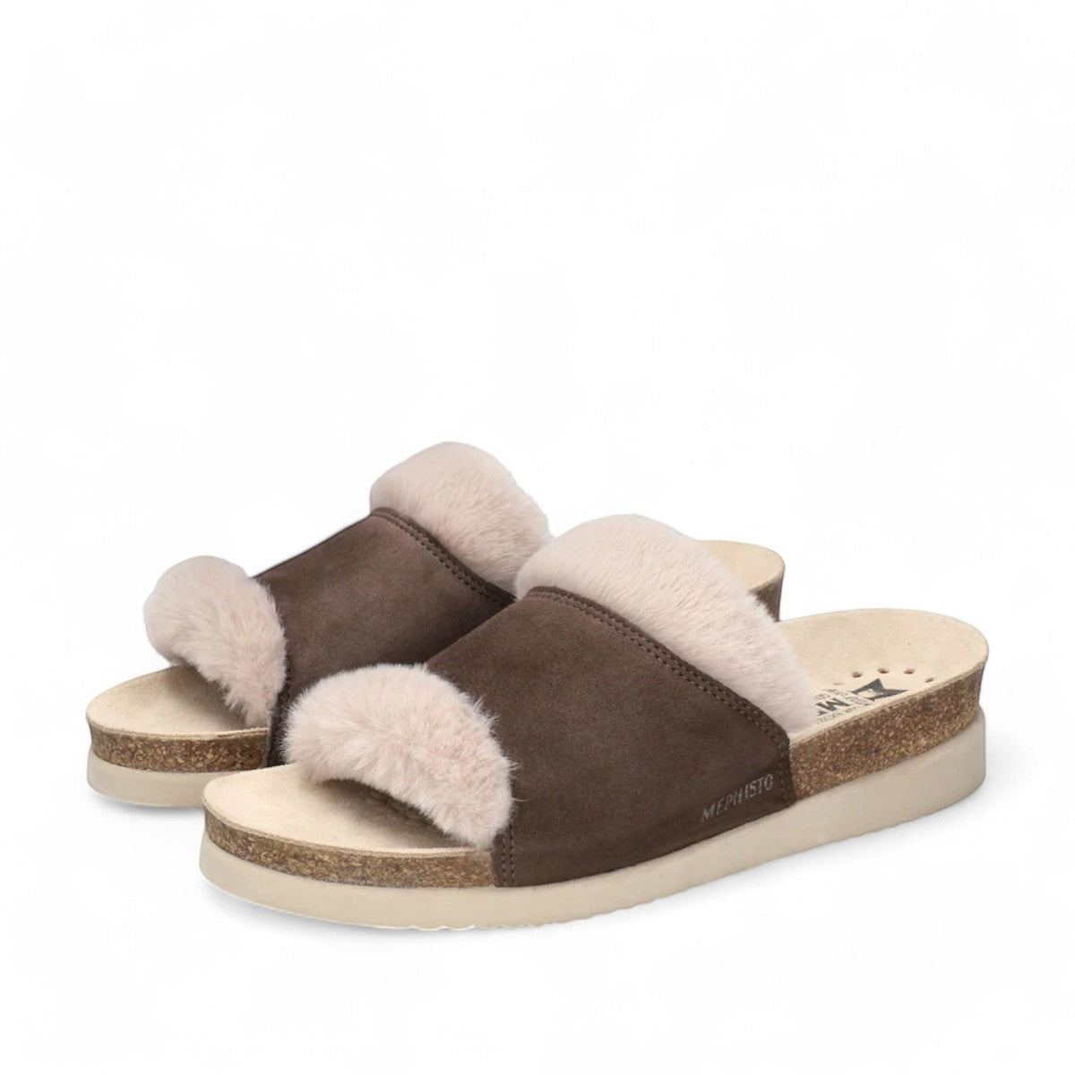 Mephisto Hemeline ice brown suede cork sandals with plush faux-fur lining and molded footbed.