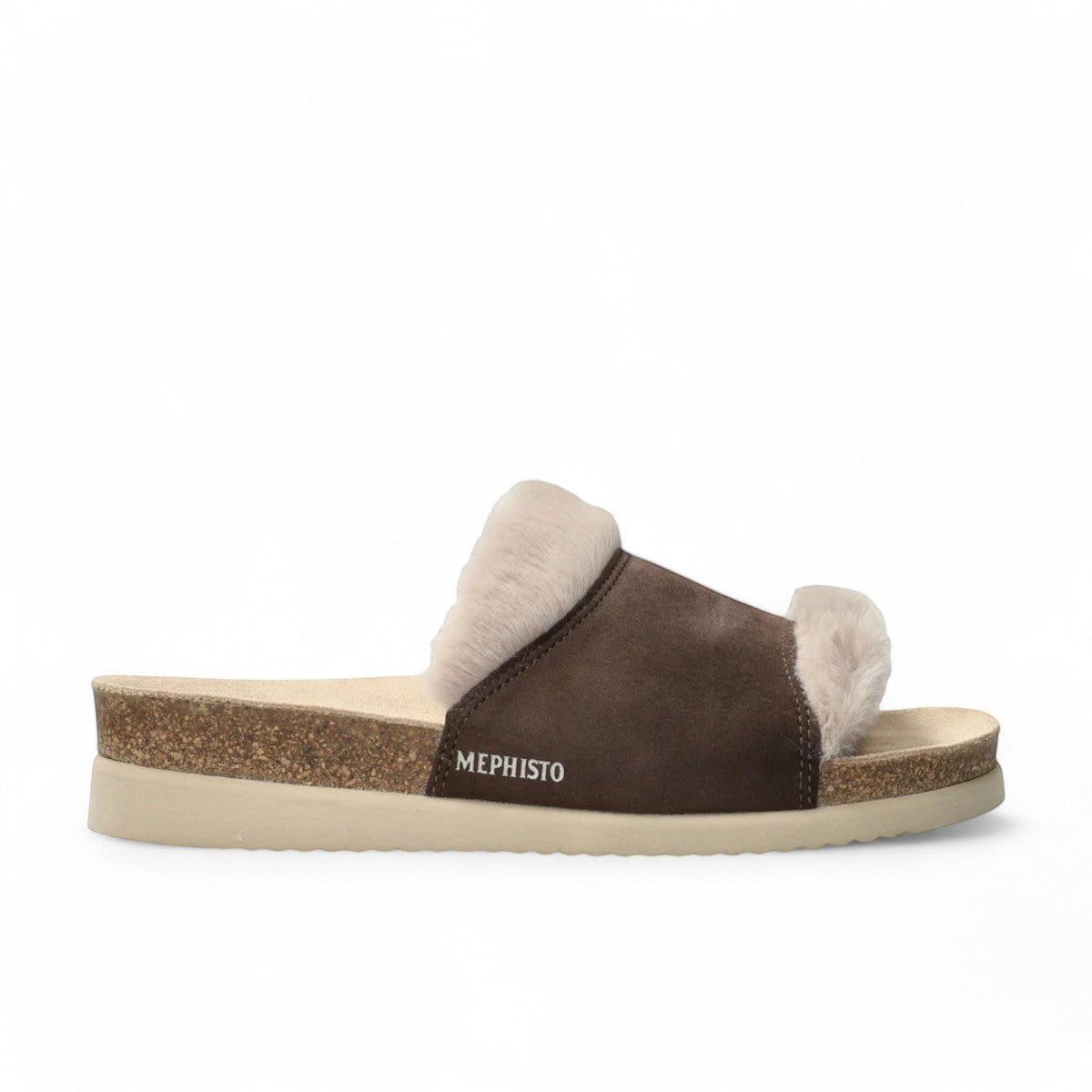 Mephisto Hemeline ice brown suede cork sandals with plush faux-fur lining and molded footbed.