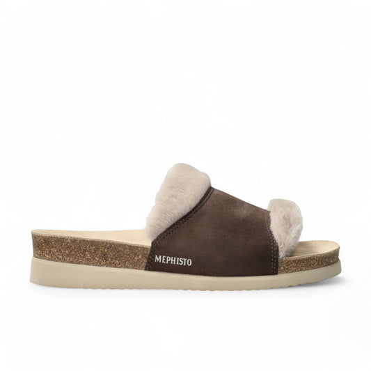 Mephisto Hemeline ice brown suede cork sandals with plush faux-fur lining and molded footbed.