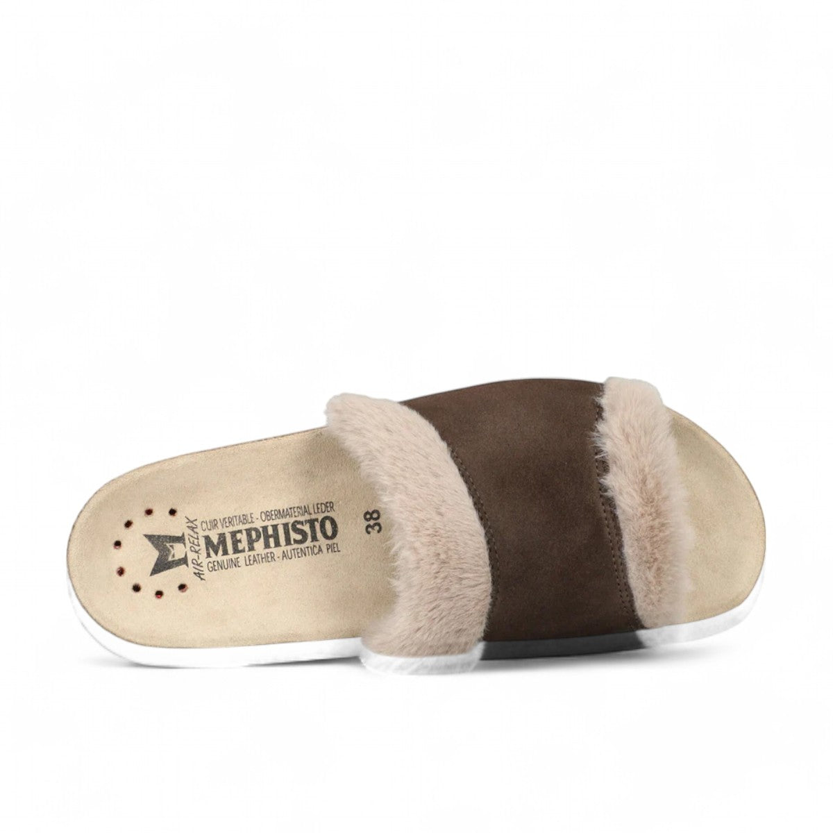 Mephisto Hemeline ice brown suede cork sandals with plush faux-fur lining and molded footbed.