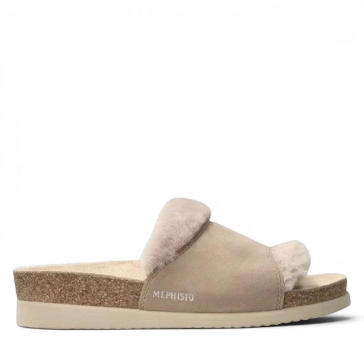Mephisto Hemeline light taupe sandal showing the textured rubber outsole with reflex zone branding