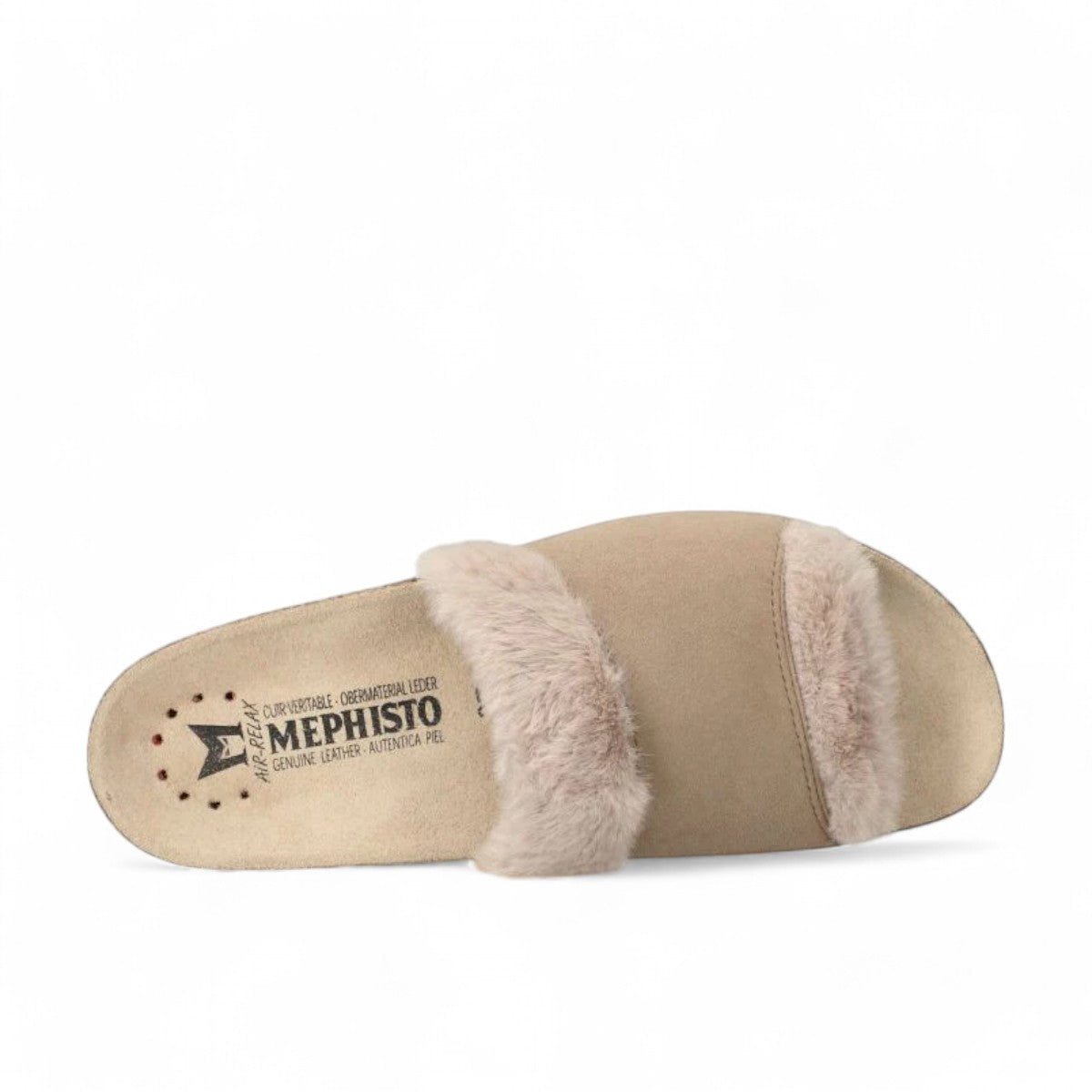 Mephisto Hemeline light taupe sandal showing the textured rubber outsole with reflex zone branding
