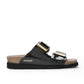 Mephisto Hester black varnish leather sandal showing the textured rubber outsole and cork midsole