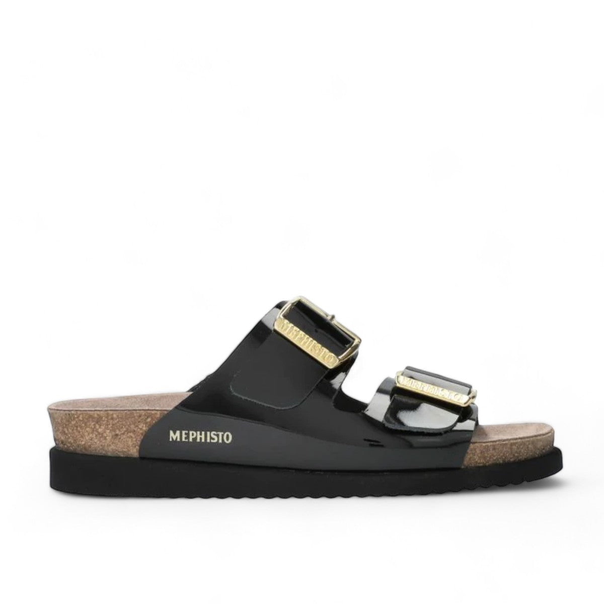 Mephisto Hester black varnish leather sandal showing the textured rubber outsole and cork midsole