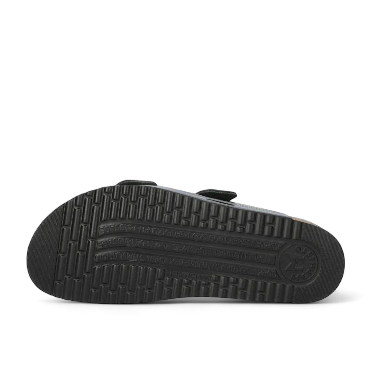 Mephisto Hester black varnish leather sandal showing the textured rubber outsole and cork midsole