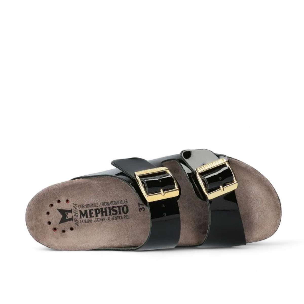 Mephisto Hester black varnish leather sandal showing the textured rubber outsole and cork midsole