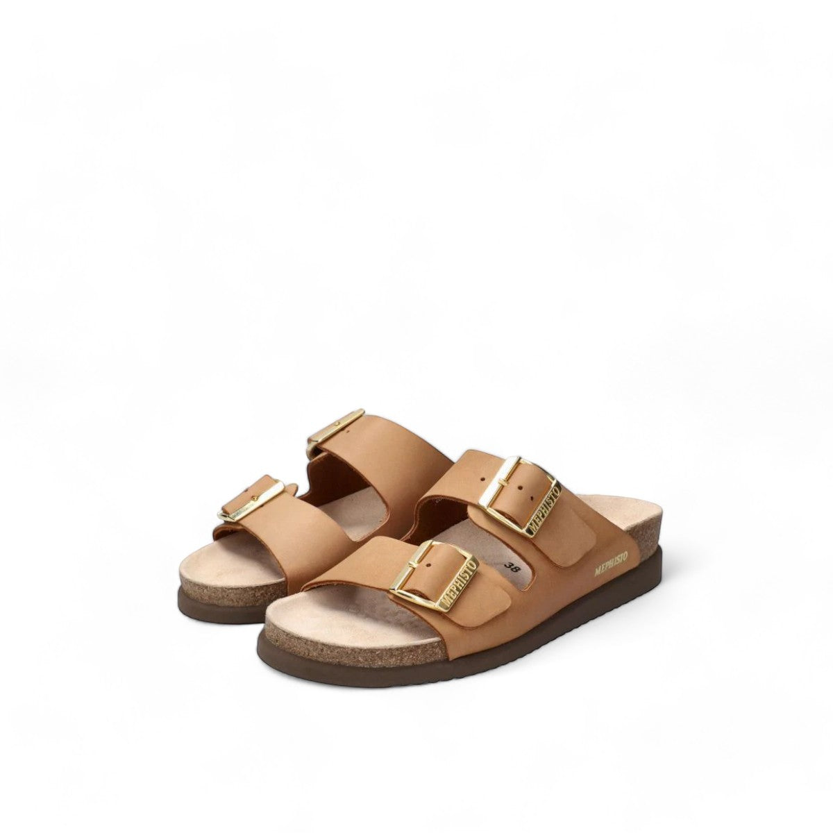 Mephisto Hester camel leather sandal showing the textured brown rubber outsole with branding