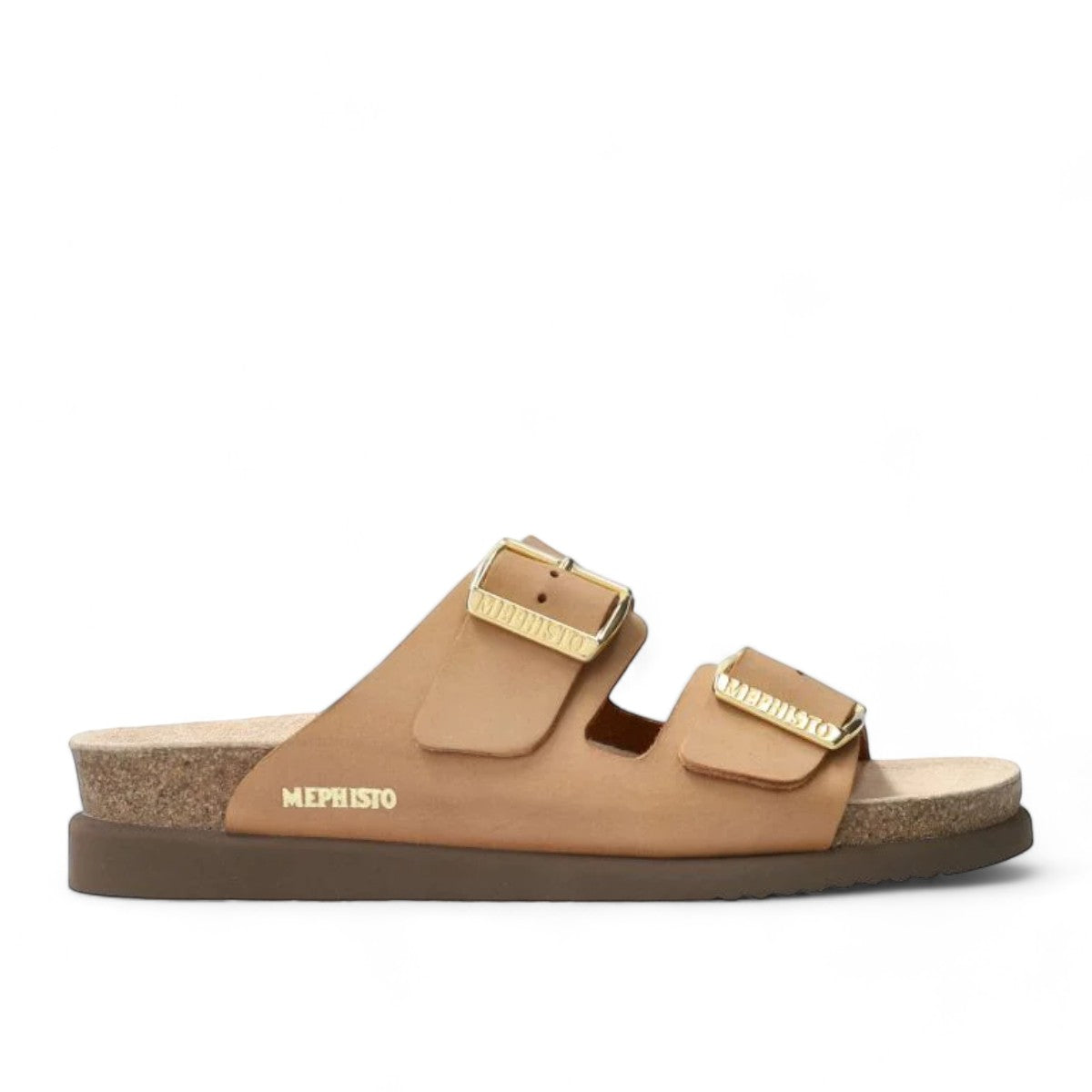 Mephisto Hester camel leather sandal showing the textured brown rubber outsole with branding