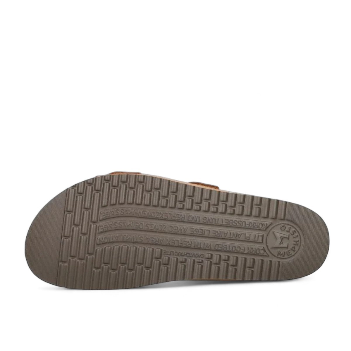 Mephisto Hester camel leather sandal showing the textured brown rubber outsole with branding