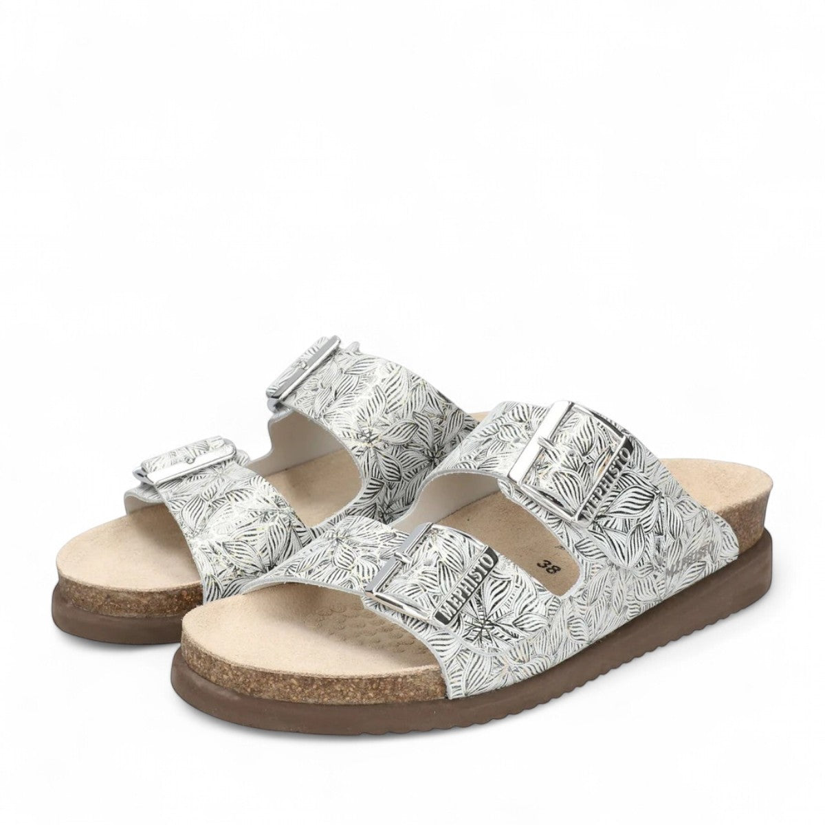 Mephisto Hester dark green leather sandal showing the brown rubber outsole with reflex zone pattern