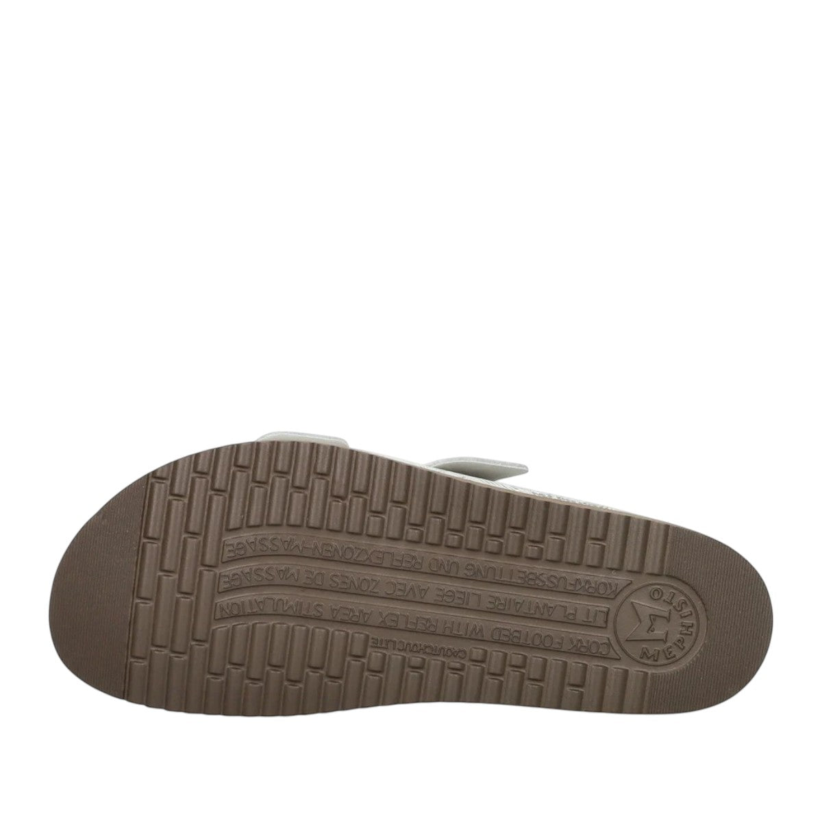 Mephisto Hester dark green leather sandal showing the brown rubber outsole with reflex zone pattern
