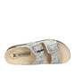 Mephisto Hester dark green leather sandal showing the brown rubber outsole with reflex zone pattern