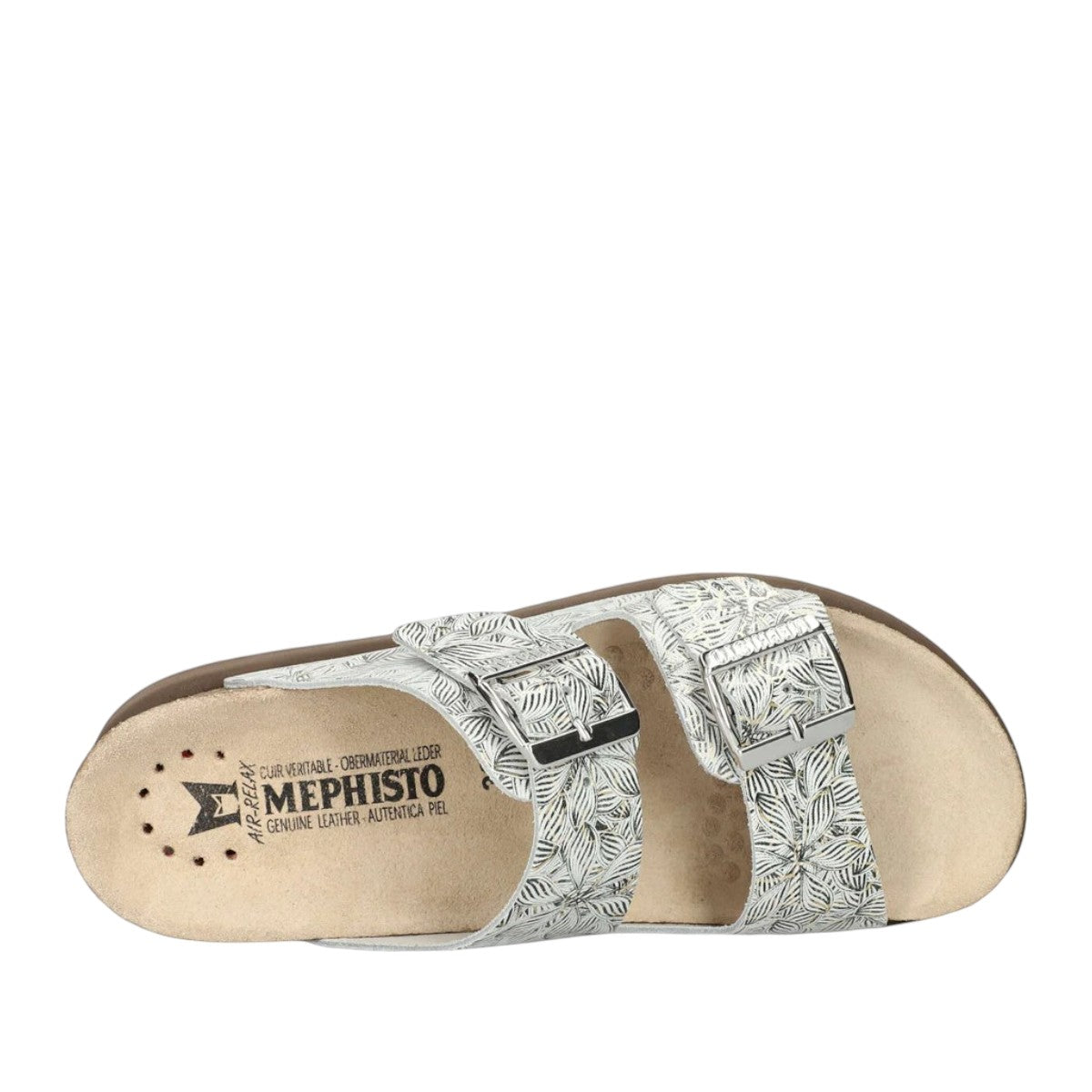 Mephisto Hester dark green leather sandal showing the brown rubber outsole with reflex zone pattern