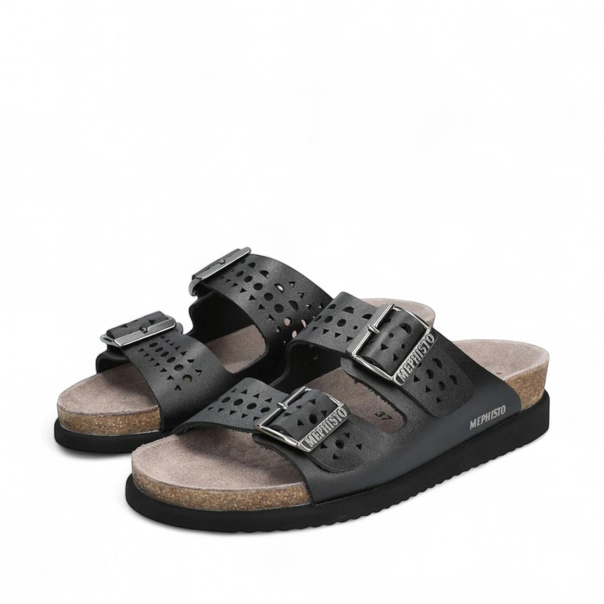 Mephisto Hester Perf black mule sandal showing the textured rubber outsole with reflex zone patterns