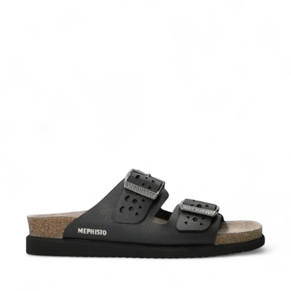 Mephisto Hester Perf black mule sandal showing the textured rubber outsole with reflex zone patterns