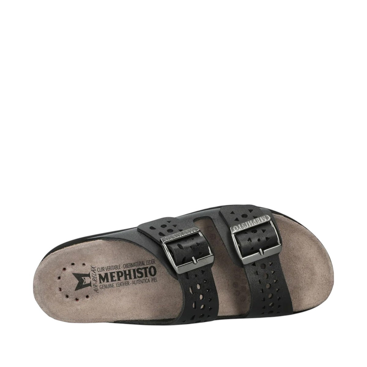 Mephisto Hester Perf black mule sandal showing the textured rubber outsole with reflex zone patterns