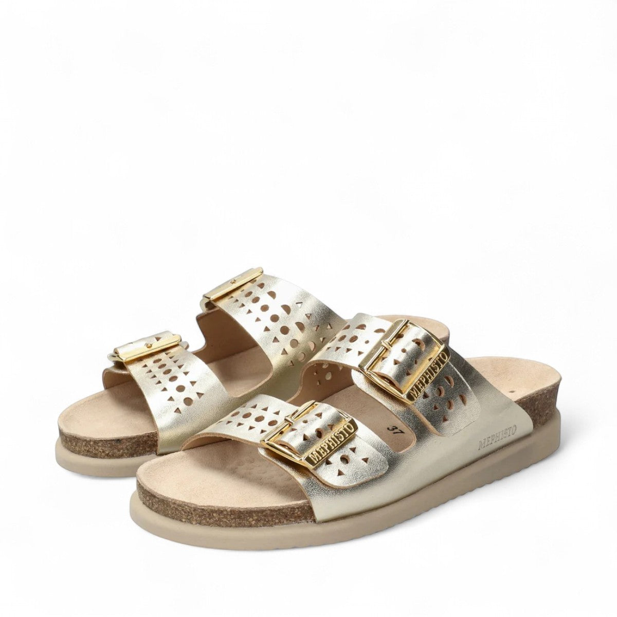 Mephisto Hester Perf gold mule showing the textured EVA shock-absorbing outsole with brand logo detail.