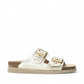 Mephisto Hester Perf gold mule showing the textured EVA shock-absorbing outsole with brand logo detail.