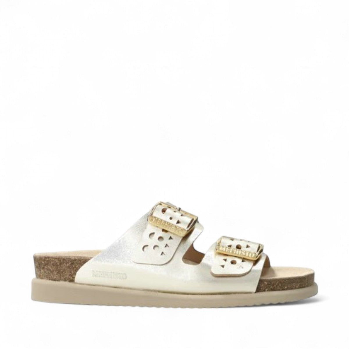 Mephisto Hester Perf gold mule showing the textured EVA shock-absorbing outsole with brand logo detail.