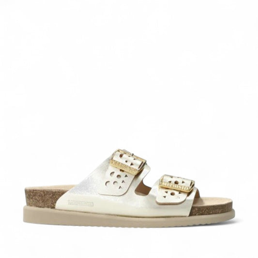 Mephisto Hester Perf gold mule showing the textured EVA shock-absorbing outsole with brand logo detail.