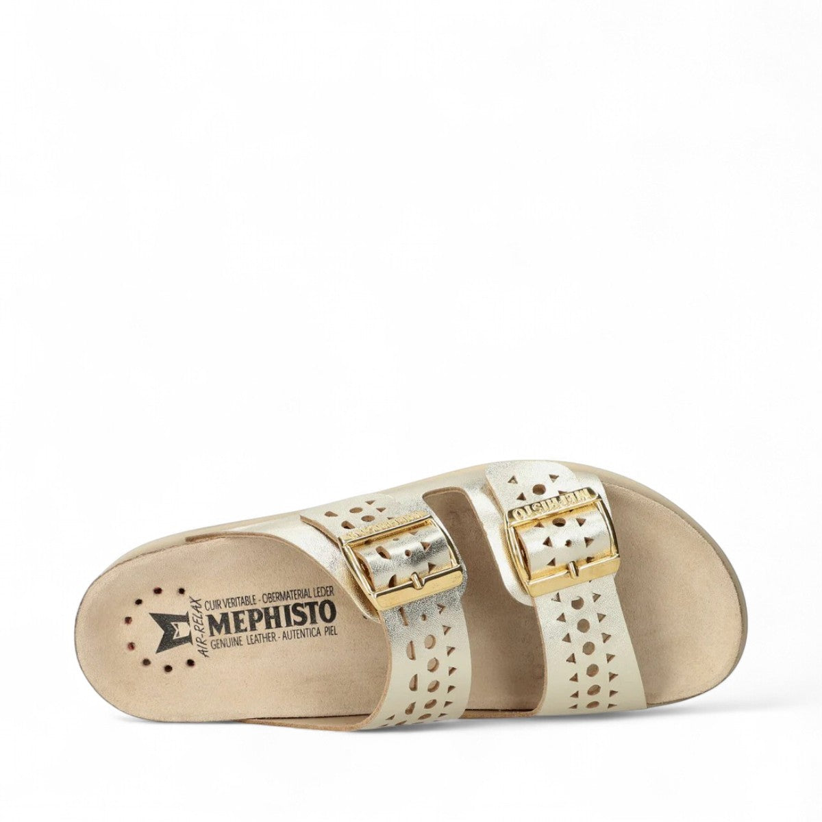 Mephisto Hester Perf gold mule showing the textured EVA shock-absorbing outsole with brand logo detail.