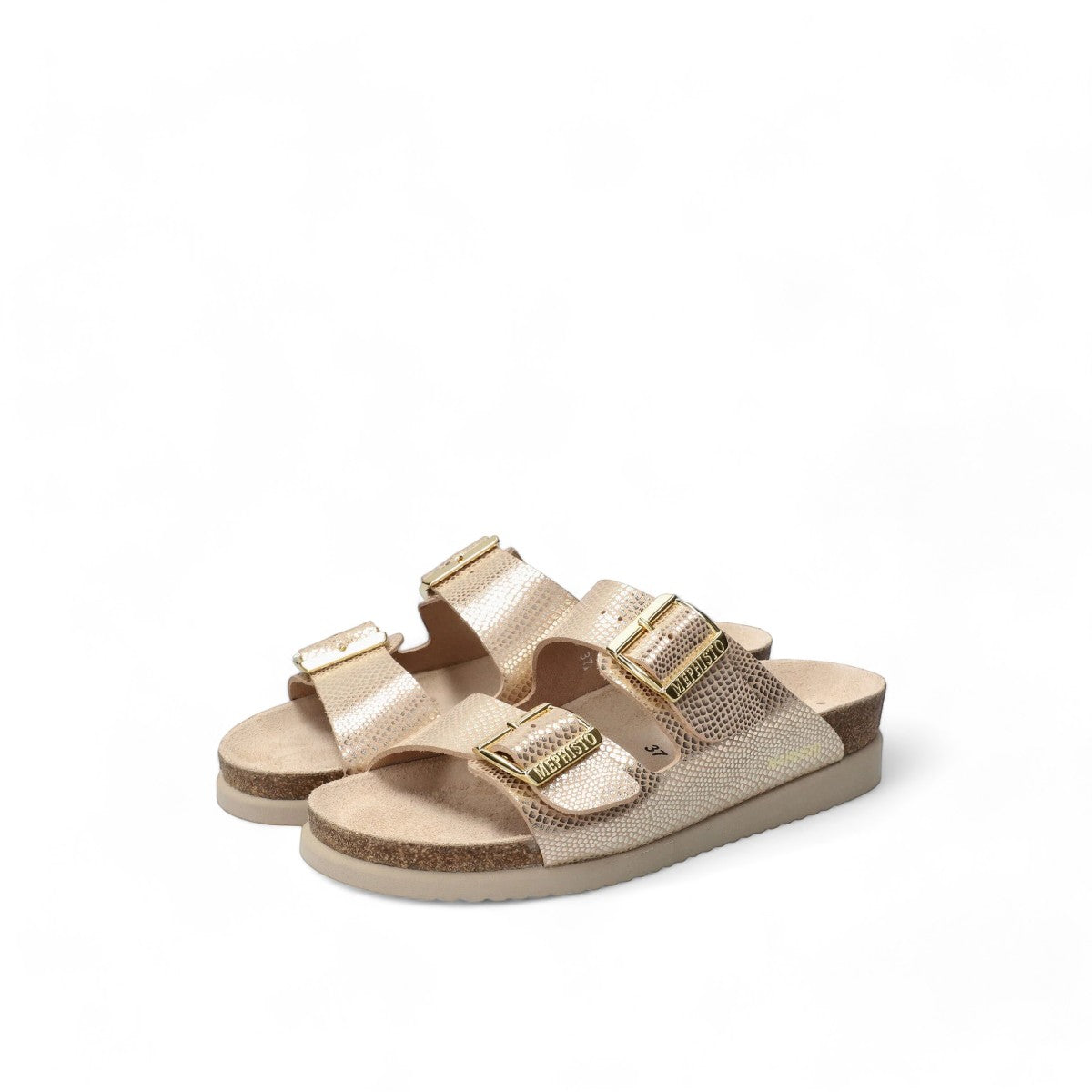 Mephisto Hester light sand leather sandal showing the textured rubber outsole with branding