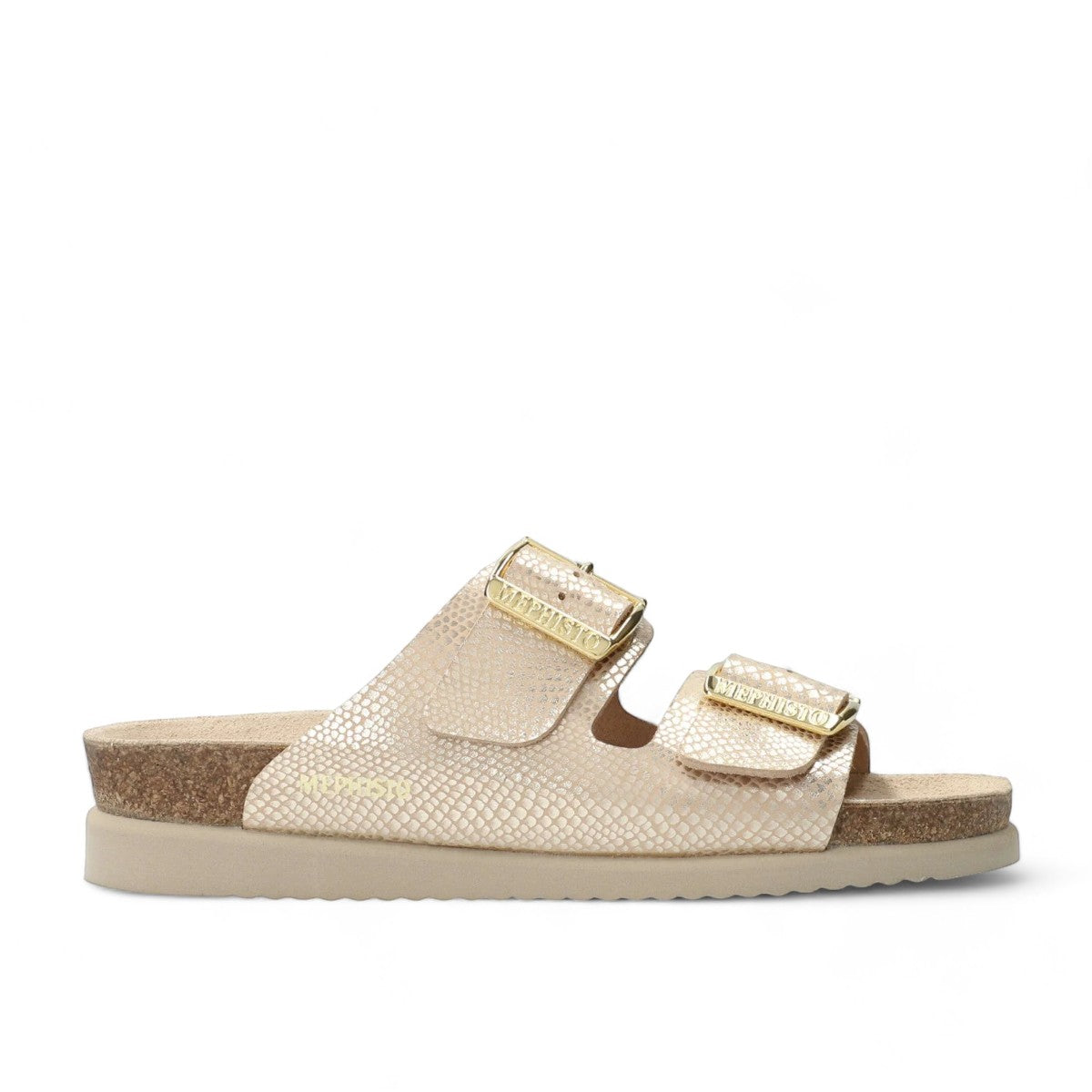 Mephisto Hester light sand leather sandal showing the textured rubber outsole with branding