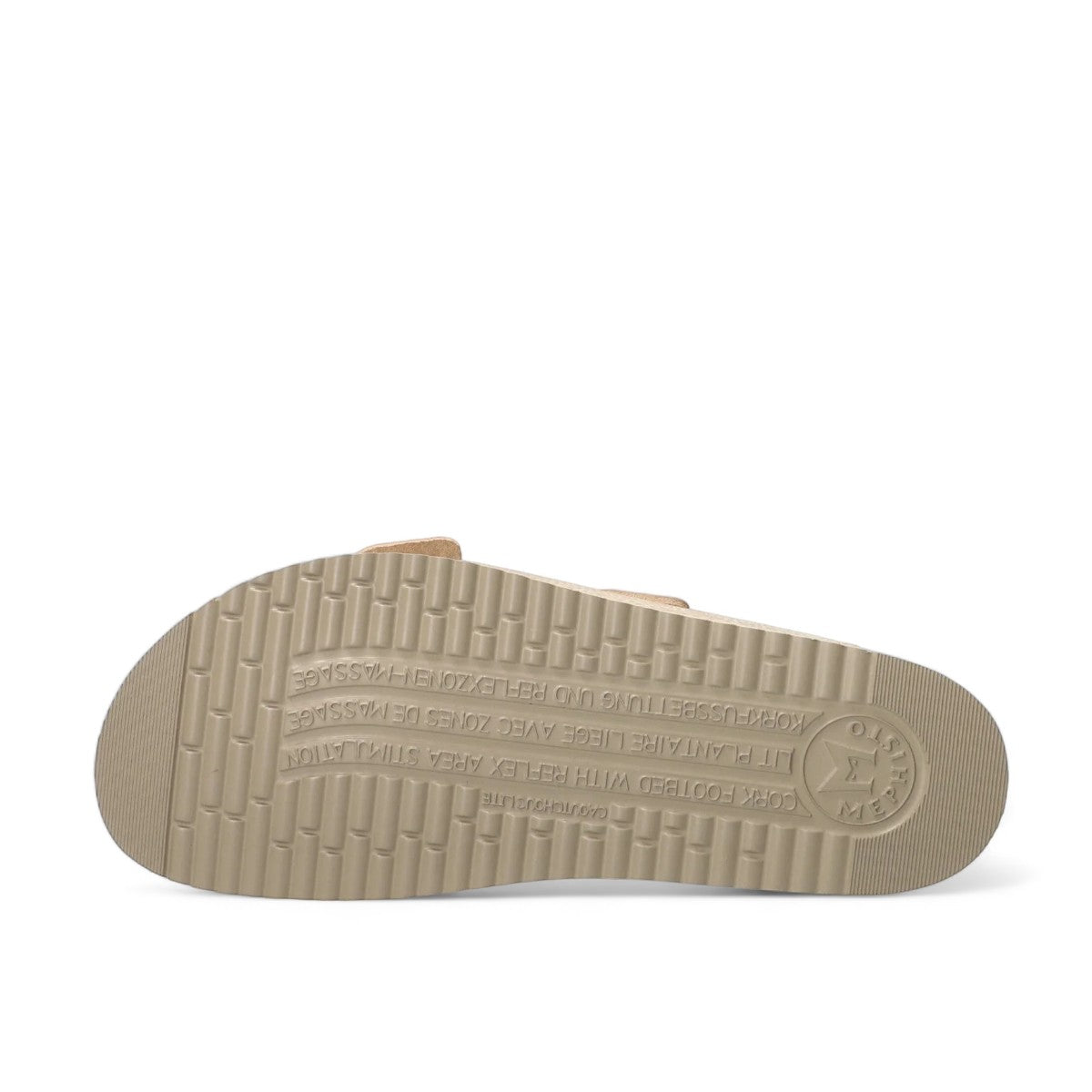 Mephisto Hester light sand leather sandal showing the textured rubber outsole with branding