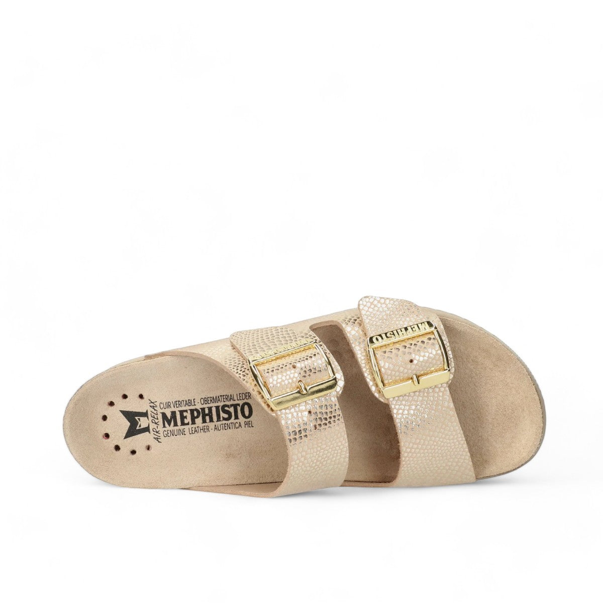 Mephisto Hester light sand leather sandal showing the textured rubber outsole with branding