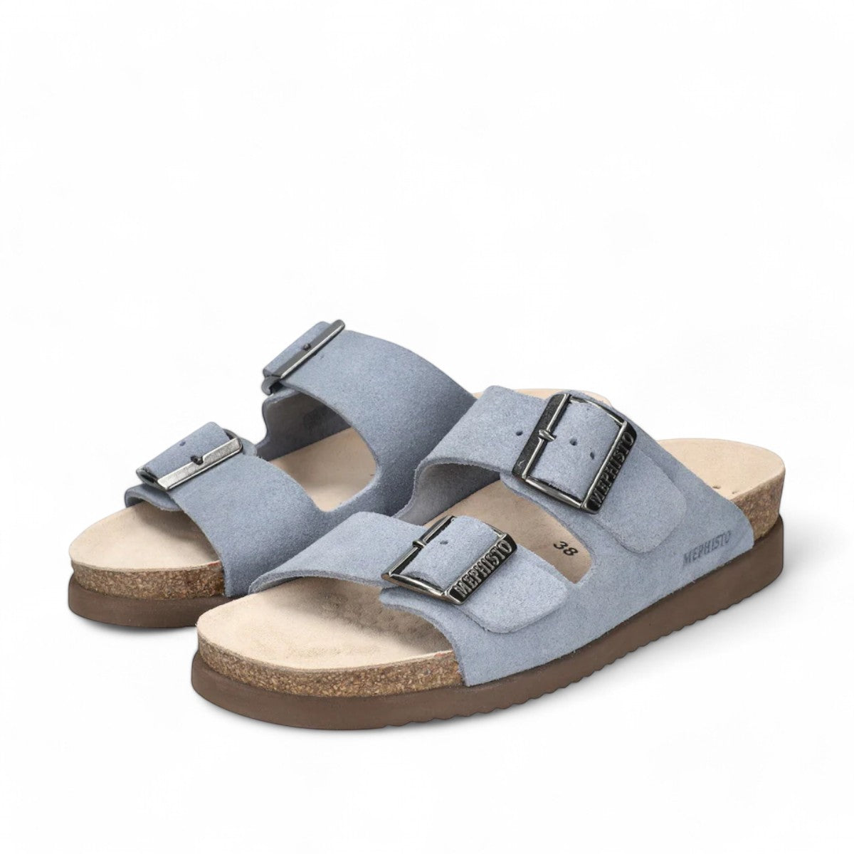 Mephisto Hester sea blue suede sandal showing the brown textured rubber outsole and cork footbed.