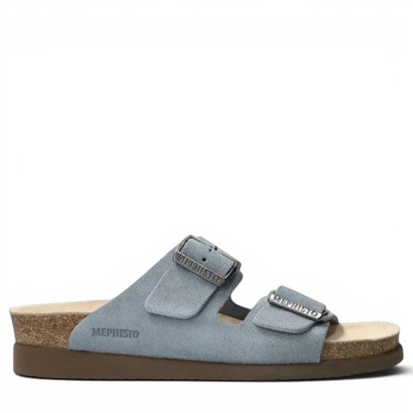 Mephisto Hester sea blue suede sandal showing the brown textured rubber outsole and cork footbed.