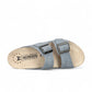 Mephisto Hester sea blue suede sandal showing the brown textured rubber outsole and cork footbed.